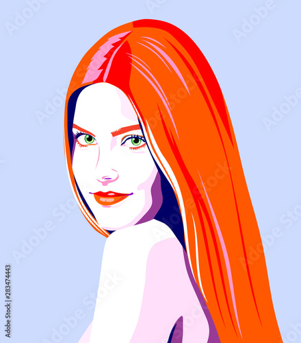 Fashion illustration of young woman with perfect red hair. Charming  redheaded girl porttrait. Vector beautiful female face.