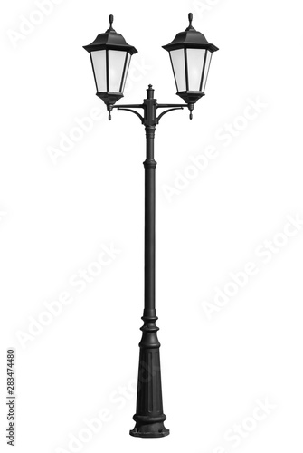 Double street lamp on isolated white background photo