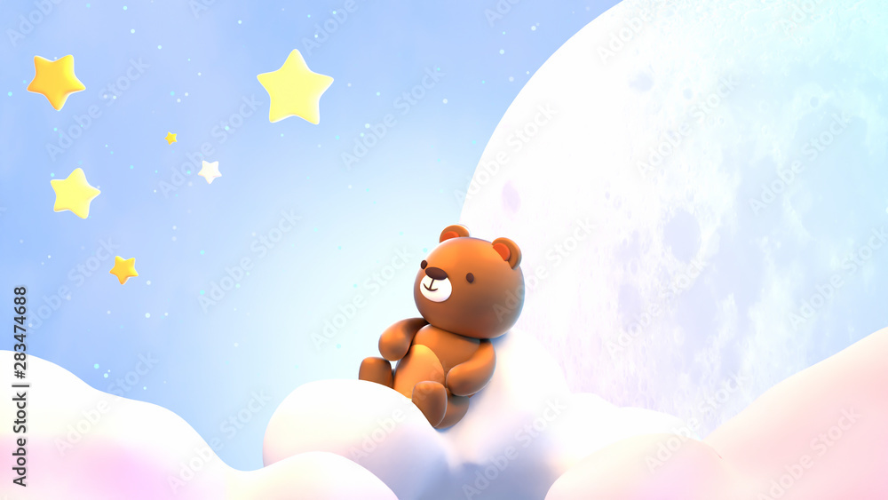 Cute little bear sitting on soft pastel clouds and watching beautiful night sky with stars in front of the white full moon. 3d rendering picture. - obrazy, fototapety, plakaty 