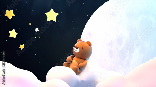 Cute little bear sitting on soft pastel clouds and watching beautiful night sky with stars in front of the white full moon. 3d rendering picture.