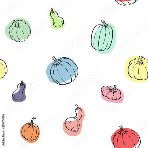 Vector seamless pattern with outline pumpkins, gourds different types, colors, shapes and sizes. Bright and colorful background.