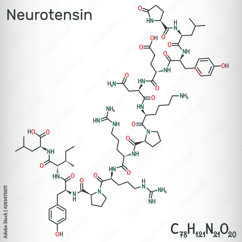 Neurotensin, 13 amino neuropeptide molecule. Structural chemical formula