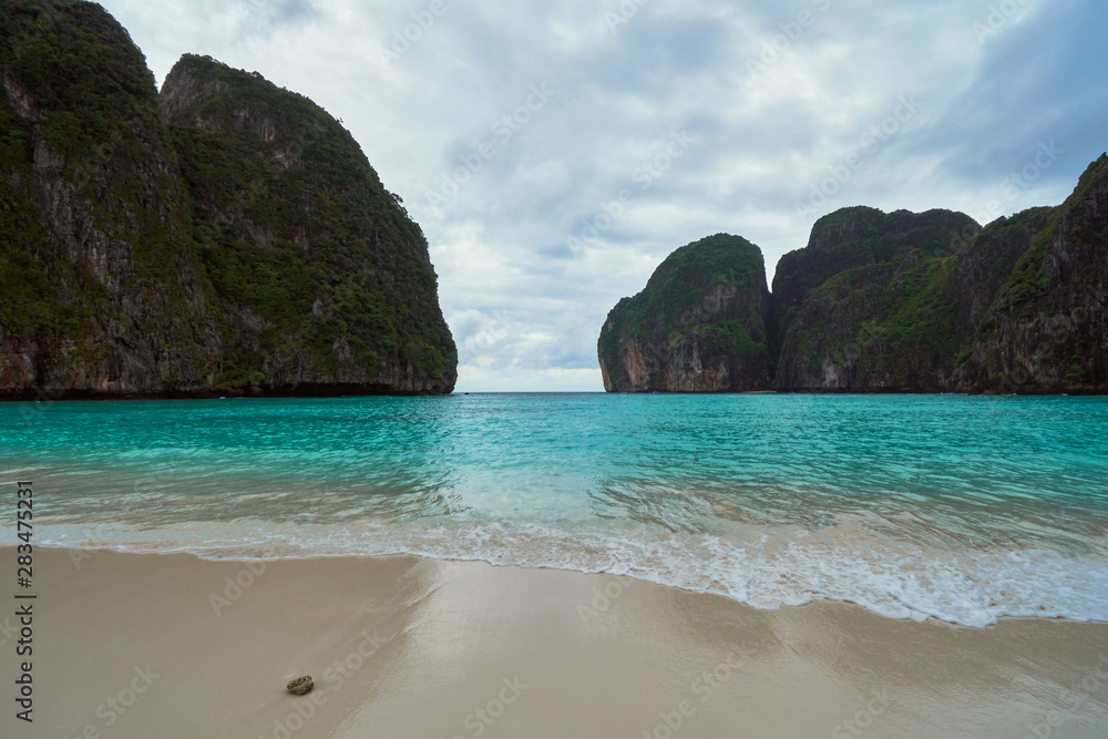 Fototapeta premium Ao Maya Bay on cloudy day during monsoon season.