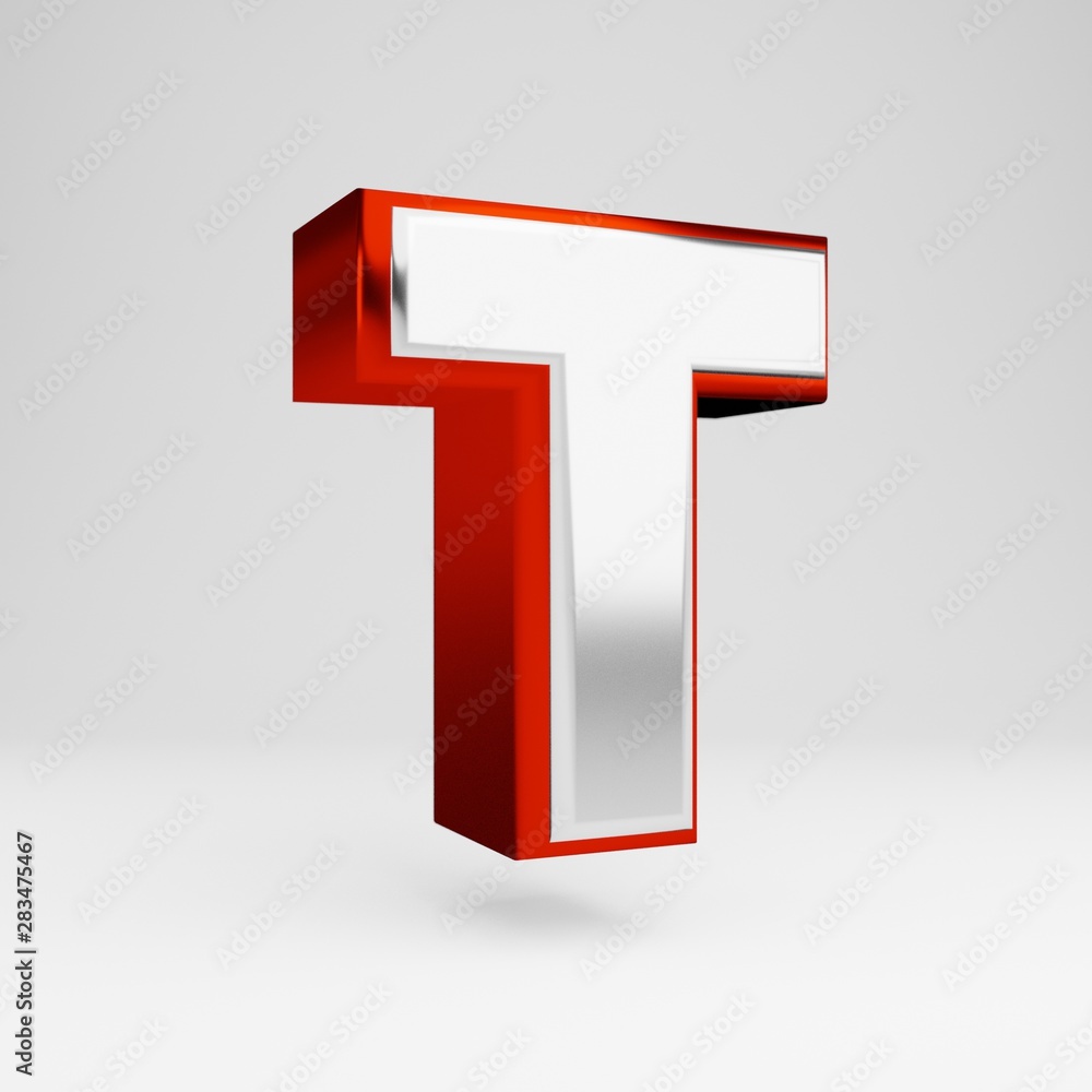 Metal 3d letter T uppercase. Metallic red and white font isolated on white background. Metal 3d letter T uppercase. Metallic red and white font isolated on white background.