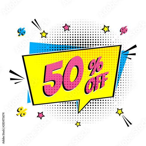 Comic lettering 50 percent off SALE in the speech bubble comic style flat design. Retro vintage pop art illustration isolated on white background. Exclamation sticker or label store or shop.