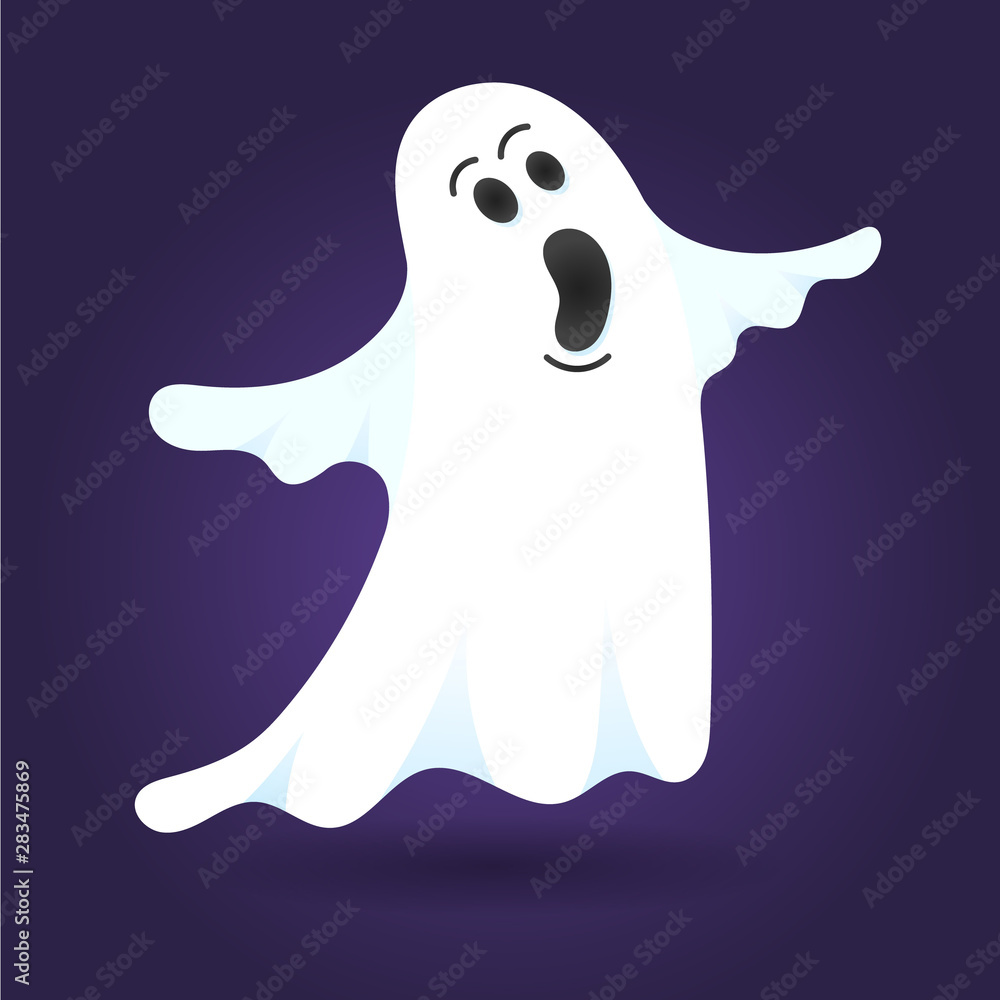 Cute ghost character flat style design vector illustration isolated on dark background. Halloween boo spooky symbol flying above the ground. Cute ghost character flat style design vector illustration isolated on dark background. Halloween boo spooky symbol flying above the ground.