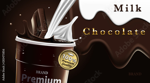 Delicious dark chocolate drink and milk with falling in a clear plastic cup and splash on brown color background, luxury Dessert