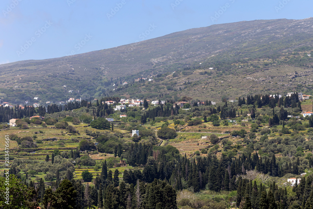 View of the mountains and the village from the cliff (Andros Island, Greece, Cyclades)