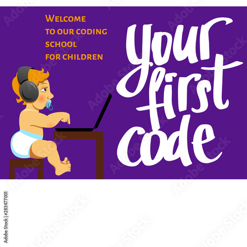 A little kid sitting at the table with a laptop coding. Cartoon vector illustration about children coding. Your first code
