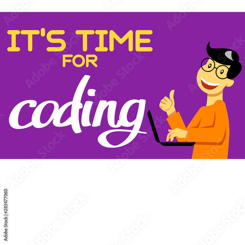 A square image of the boy who studies coding. A vector image for a flyer or a poster for the chidren coding school. It's time for coding.