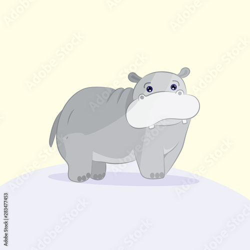 Cute cartoon big clumsy Hippo, flat style, vector illustration character
