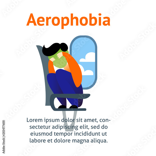 A vector image of a man in the airplane having an aerophobia. A passenger being nervous and in a stress. A color image for a travel poster, flyer or article.