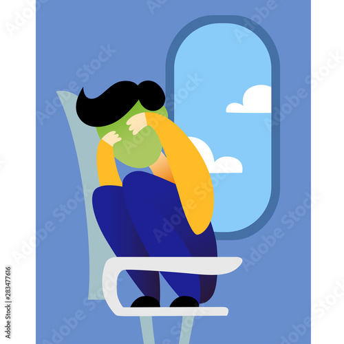 A vector image of a man in the airplane having an aerophobia. A passenger being nervous and in a stress. A color image for a travel poster, flyer or article.