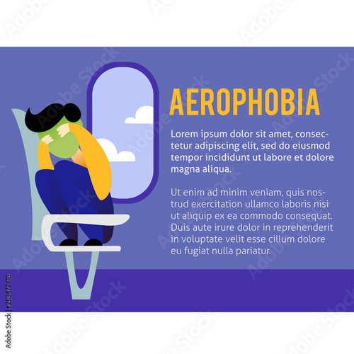 A vector image of a man in the airplane having an aerophobia. A passenger being nervous and in a stress. A color image for a travel poster, flyer or article.