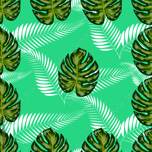 seamless pattern with tropical leaves: palms, monstera, passion fruit. Beautiful allover print with hand drawn exotic plants. Swimwear botanical design