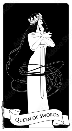 Queen of Swords with spades crown, holding a sword surrounded by her long hair. Minor arcana Tarot cards. Spanish playing cards.