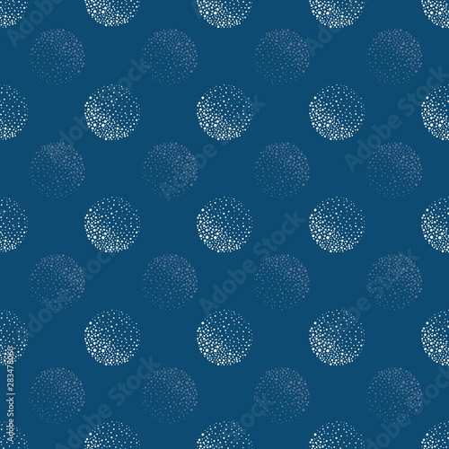 Abstract white dotted circles geometric design. Seamless vector pattern on blue background with transparent elements. Great for wellbeing, spa products, fashion, stationery, giftrwrap