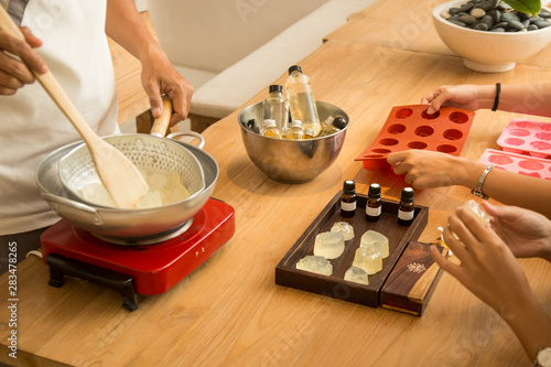 Handmade soap workshop, making organic natural cosmetic 
