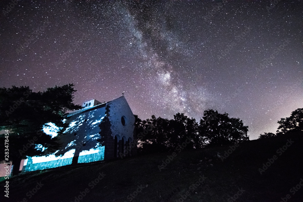 Old church on the Monte Bignone,Sanremo,with milky way in background