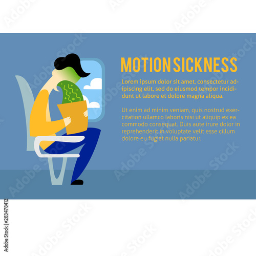 A vector image of a man in the transport with motion sickness. A color image for a travel poster, flyer or article.