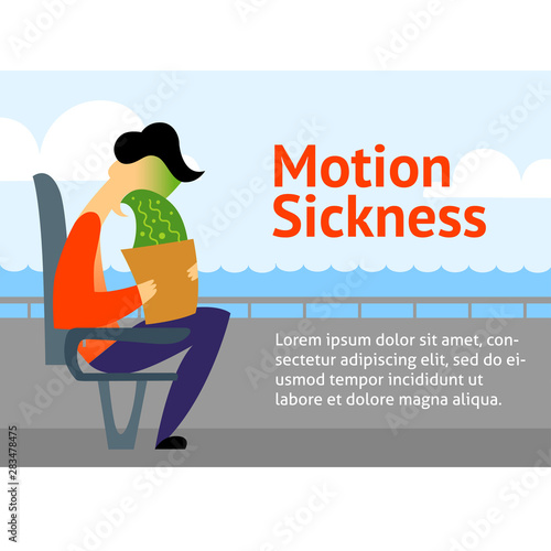A vector image of a man in the transport with motion sickness. A color image for a travel poster, flyer or article.