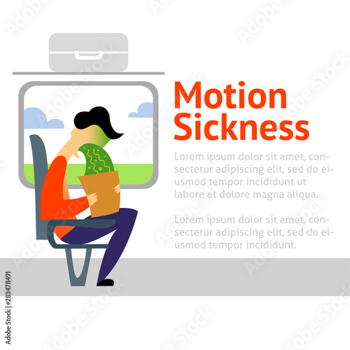 A vector image of a man in the transport with motion sickness. A color image for a travel poster, flyer or article.