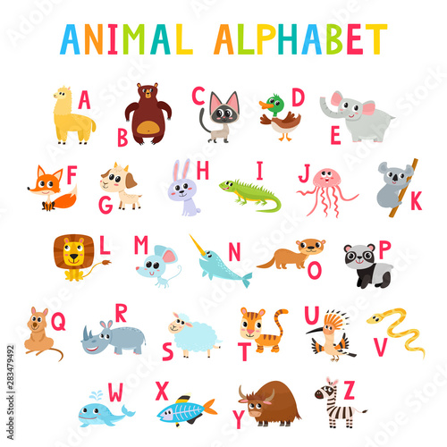 Cute cartoon animals alphabet for children education isolated on white.