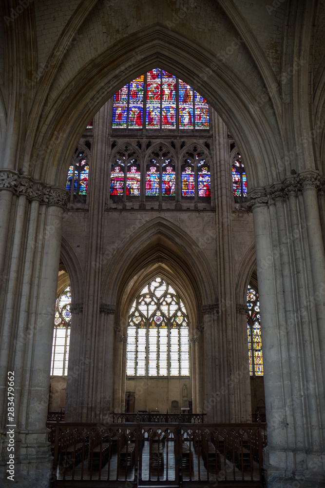 Colorful stained glass windows in Troyes Cathedral  dedicated to Saint Peter and Saint Paul. France.
