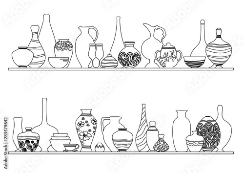 Collection of jugs, vases, dishes on shelves for your design. Line art style. Pottery earthenware, vases, clay bowls and pots isolated on white.  