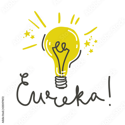 Eureka. Lettering composition with light bulb. Vector illustration. photo