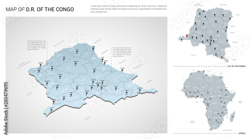 Vector set of DR of the Congo country. Isometric 3d map, DR of the Congo map, Africa map - with region, state names and city names.