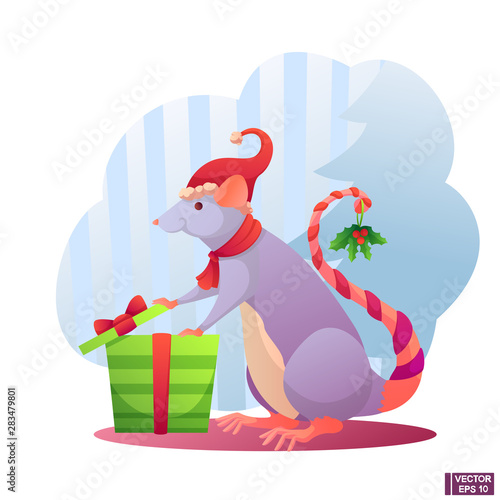 Cartoon character cute rat opens a New Year's gift