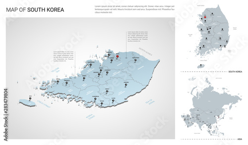 Vector set of South Korea country.  Isometric 3d map, South Korea map, Asia map - with region, state names and city names.