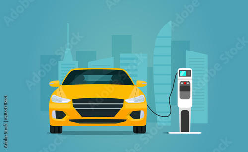 Electric sedan car isolated. Electric car is charging, front view. Vector flat style illustration.