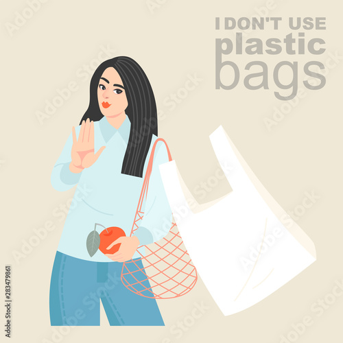 Vector illustration of a young woman with an eco-friendly mesh shopping bag refusing a plastic bag