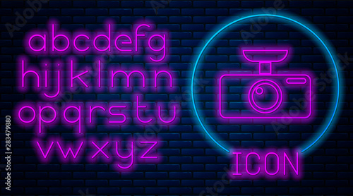 Glowing neon Car DVR icon isolated on brick wall background. Car digital video recorder icon. Neon light alphabet. Vector Illustration