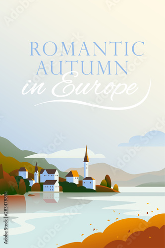 Vector flat landscape minimalistic illustration of wild autumn European cozy town, seacoast, mountain nature view, sky, water. For travel banner, card, vacation touristic advertising, brochure, flayer