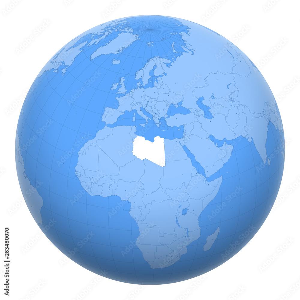 Libya on the globe. Earth centered at the location of the State of Libya. Map of Libya. Includes layer with capital cities. Libya on the globe. Earth centered at the location of the State of Libya. Map of Libya. Includes layer with capital cities.