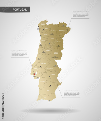 Stylized vector Portugal map.  Infographic 3d gold map illustration with cities, borders, capital, administrative divisions and pointer marks, shadow; gradient background. 