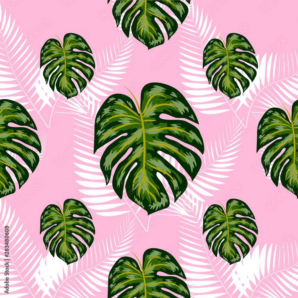 Tropical exotic floral green and red monstera palm leaves seamless pattern. Exotic jungle wallpaper. Tropical exotic floral green and red monstera palm leaves seamless pattern. Exotic jungle wallpaper.