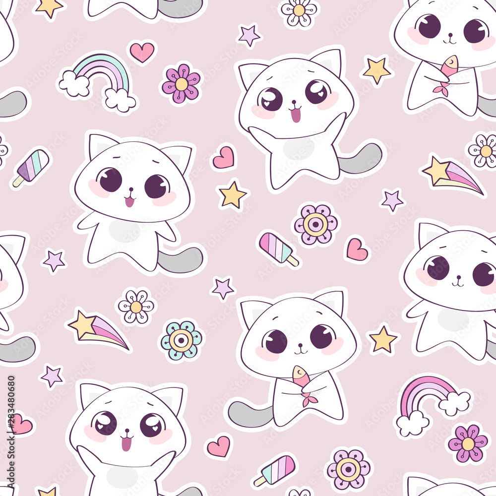 Seamless pattern with cute cat character, vector illustration