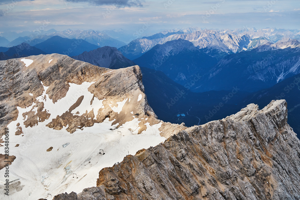View of the glacier on Zugspitze, Germany's highest mountain, which has shrunk due to climate change and rising temperatures.