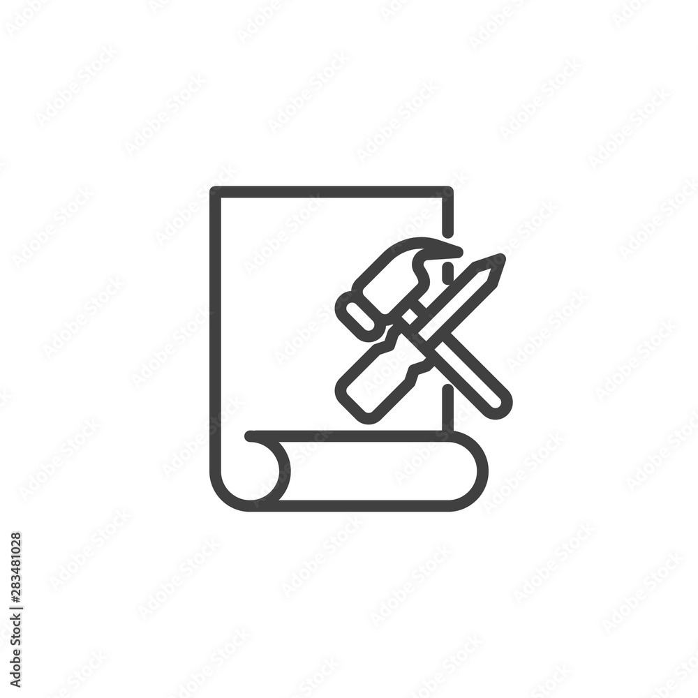 Repair service line icon. linear style sign for mobile concept and web design. Paper document with hammer and screwdriver outline vector icon. Symbol, logo illustration. Vector graphics Repair service line icon. linear style sign for mobile concept and web design. Paper document with hammer and screwdriver outline vector icon. Symbol, logo illustration. Vector graphics