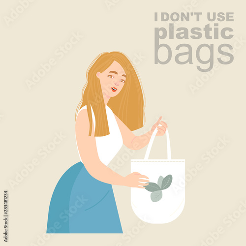 Vector illustration of a young woman with an eco-friendly textile bag in her hands