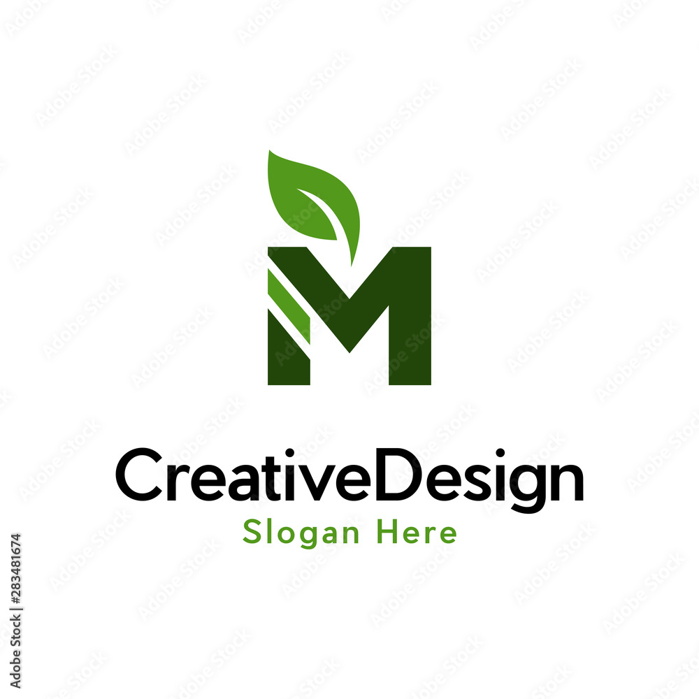 Letter M leaf logo design, Nature Leaf Letter M Vector Logo Template	