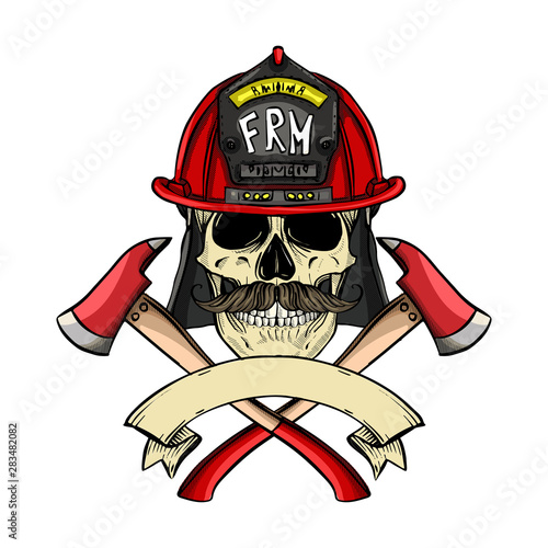 Hand drawn color sketch, fireman skull with helmet, mustaches and axe. Poster, flyer design