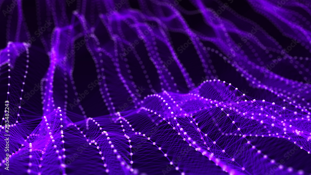 Network of dots connected by lines. DNA twisted structure. Molecular abstract background. Big data visualization. Wave of bright particles. Sound wave. 3d rendering.