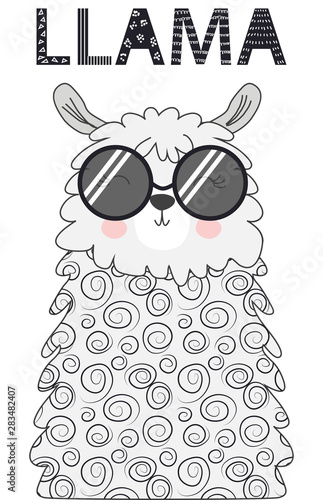 Lama is cute in the Scandinavian style, fashionable, cool, in dark sunglasses.