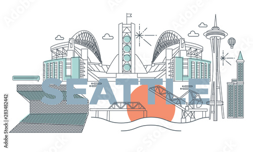 Typography word Seattle branding technology concept. Collection of flat vector web icons. American culture travel set, architectures, specialties detailed silhouette. Doodle USA famous landmarks..