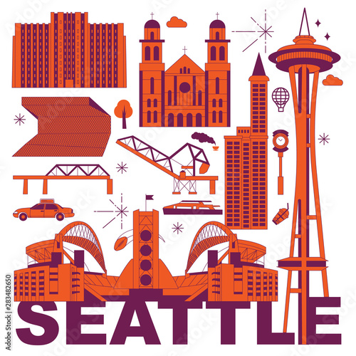 Seattle culture travel set, American famous architectures, USA in flat design. Business travel and tourism concept clipart. Image for presentation, banner, website, advert, flyer, roadmap, icons